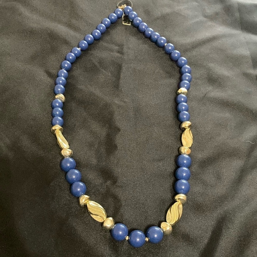 Blue and gold beaded Lucite necklace 26”